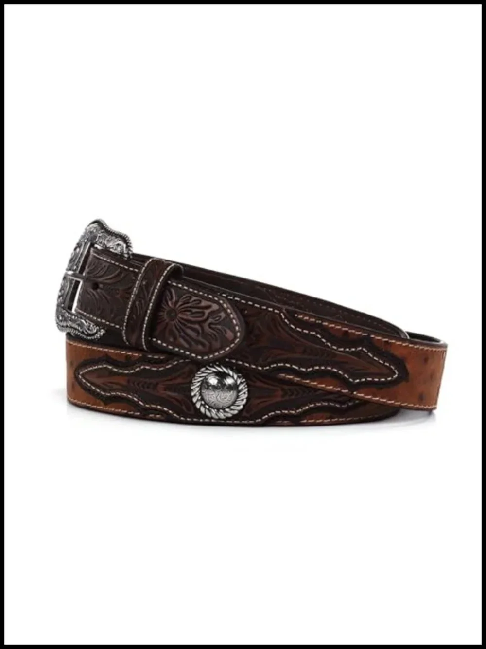 Faux Ostrich Leather Belt, Floral Emboss, Silver Concho, Triple Snap Buckle